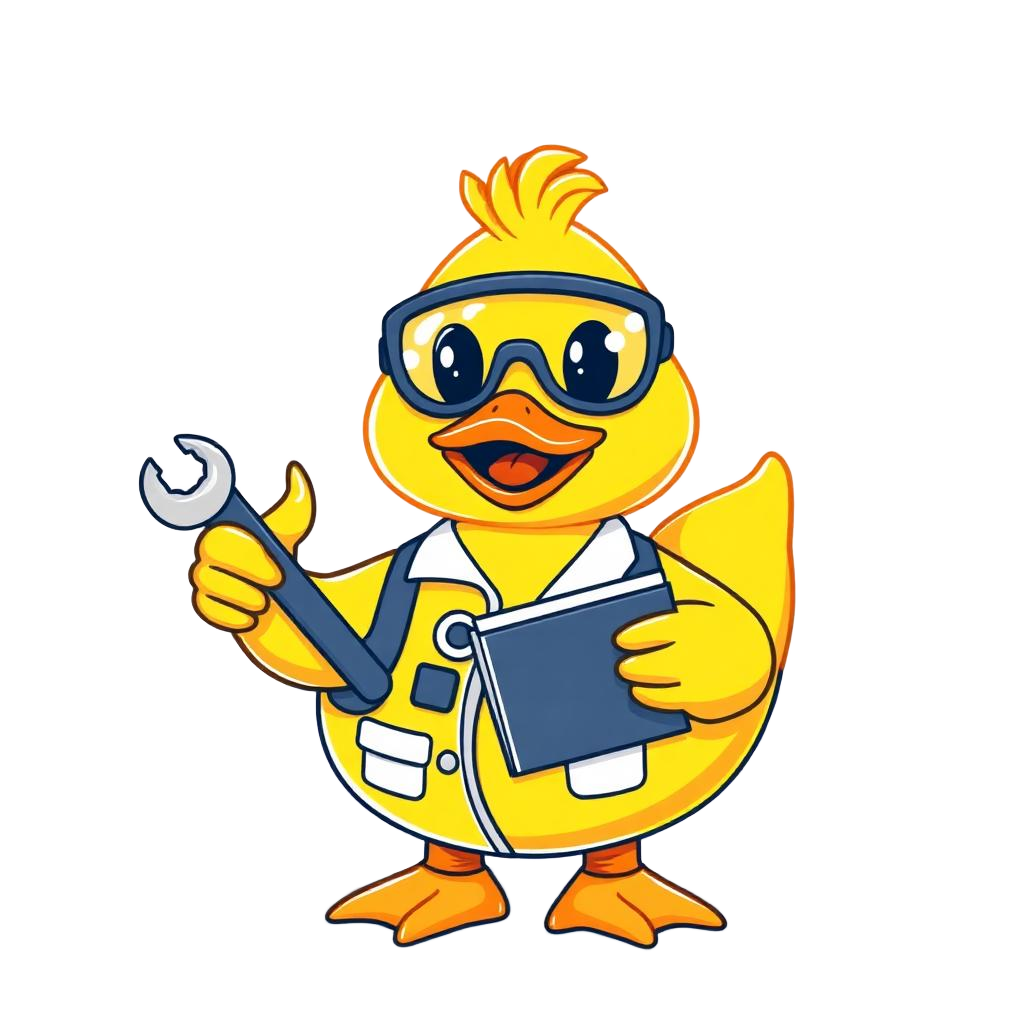 A duck engineer wearing safety goggles and holding a wrench and clipboard